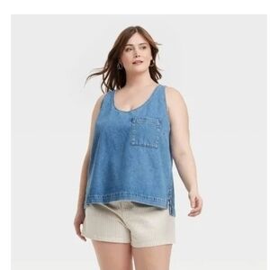 Universal Thread Shirt Womens Blue Denim Tank Top Pocket Scoop Neck